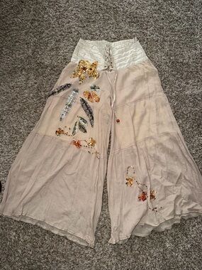 Beige Embellished Wide-Leg Pants